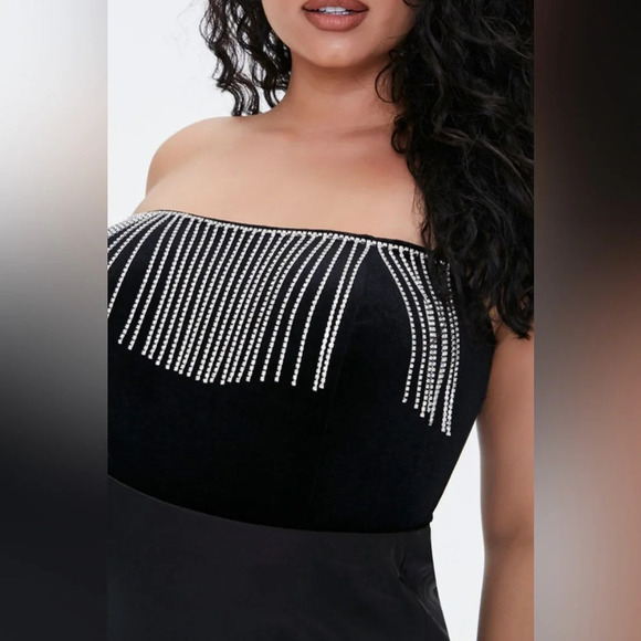 Velvet Strapless Bodysuit with Rhinestone Fringe Vegas Western Cowgirl Plus Size - Picture 12 of 12